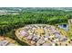 Stunning aerial view of a new home community with a pond and lush greenery, offering a serene and picturesque setting at 7549 Short Putt Ct, Charlotte, NC 28215