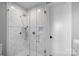 Stylish bathroom with a tiled shower featuring glass doors and bronze fixtures, adjacent to a white door at 7861 Live Oaks Dr, Denver, NC 28037