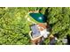 Aerial view of a home nestled among lush trees, complete with a private pond and meticulously landscaped grounds at 7927 Fairmont Dr, Waxhaw, NC 28173