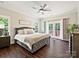 Spacious main bedroom with tray ceilings, ceiling fan and access to an outdoor balcony at 7927 Fairmont Dr, Waxhaw, NC 28173