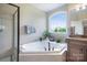 Bright bathroom featuring a soaking tub, a separate shower, and a large window offering ample natural light at 101 Stonehurst Ln, Waxhaw, NC 28173