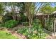 Beautiful backyard garden area features lush greenery, stone bench and charming landscaping at 2006 Holly Villa Cir, Indian Trail, NC 28079