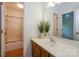 Bathroom features a single sink with vanity, large mirror, and a shower at 8709 Stratton Farm Rd, Huntersville, NC 28078