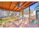 Covered patio with ceiling fan and views of a private backyard and swimming pool at 12620 Sulgrave Dr, Huntersville, NC 28078