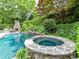 Custom backyard features a unique stone hot tub, luxurious pool and outdoor fireplace at 14650 Trading Path Way, Charlotte, NC 28277