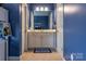 bathroom featuring a single sink vanity, blue accent wall with a coordinating blue rug at 16711 Monocacy Blvd, Huntersville, NC 28078