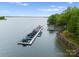 Scenic lake view showcasing a private boat dock with multiple boats and a charming waterfront gazebo at 20614 Pointe Regatta Dr, Cornelius, NC 28031