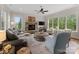 Cozy living room with a stone fireplace, large windows, neutral tones, and comfortable furnishings at 20614 Pointe Regatta Dr, Cornelius, NC 28031