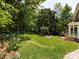 Lush backyard featuring a manicured lawn, stone patio, beautiful flowerbed and a covered wooden deck at 216 Liriope Ct, Matthews, NC 28105