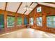 Sun room with vaulted ceiling, wood paneling, stained glass window, and walls of windows at 237 Fea Ln, Iron Station, NC 28080
