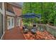 Outdoor deck area featuring a table, chairs, and umbrella with serene views of the home's green backyard at 3124 Lakewood Edge Dr, Charlotte, NC 28269