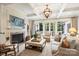 Inviting living room featuring a fireplace, plush seating, and French doors to the backyard at 3950 Abingdon Rd, Charlotte, NC 28211