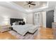 Well-lit main bedroom with a decorative ceiling, fan, and upholstered headboard at 4635 Harper Ct, Charlotte, NC 28210