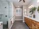 Stylish bathroom featuring a glass shower and double sink vanity at 5951 Johnson Rd, Clover, SC 29710