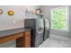Functional laundry room with modern washer and dryer, built-in desk and ample storage shelves at 924 Forbes Rd, Fort Mill, SC 29707