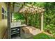 Cozy backyard patio with a wooden pergola, stone pavers, outdoor seating and lush greenery at 924 Forbes Rd, Fort Mill, SC 29707