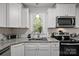 Bright kitchen featuring white cabinets, granite countertops, stainless steel appliances, and a window over the sink at 130 Cherokee Ln, Salisbury, NC 28147