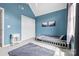 Bedroom featuring blue walls, a vaulted ceiling, a window, and a gray rug at 1358 Colwick Ln, Rock Hill, SC 29732