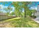 Large backyard featuring lush green grass, mature trees, and a wooden privacy fence at 6600 Knightswood Dr, Charlotte, NC 28226