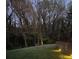 The property features a spacious backyard with a wood fence and ambient lighting near a copse of tall trees at 6616 Williams Rd, Charlotte, NC 28215