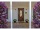 Inviting front door with decorative glass, framed by lush greenery and potted flowers, creating a warm welcome at 695 Linwood Rd, Mooresville, NC 28115