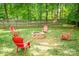 Cozy backyard with a stone fire pit, surrounded by red Adirondack chairs at 141 Culpeze Rd, Mooresville, NC 28117