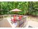 Outdoor deck area with table, chairs and red umbrella surrounded by mature trees at 141 Culpeze Rd, Mooresville, NC 28117