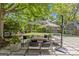 Inviting backyard patio featuring stylish outdoor seating, an umbrella, and a well-manicured lawn at 1726 The Plz, Charlotte, NC 28205