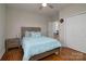 Comfortable bedroom with ceiling fan and hardwood floors at 2124 Roslyn Ave, Charlotte, NC 28208