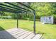 Backyard view features pergola over the patio, lush green landscape and outbuilding at 2439 Caswell Ct, Gastonia, NC 28054