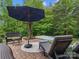 Paver patio with lounge chairs and table shaded by large umbrella at 246 Mcduffie Ln, Fort Mill, SC 29715