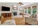 Cozy living room features a stone fireplace and large windows with natural light at 246 Mcduffie Ln, Fort Mill, SC 29715
