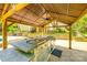 An outdoor kitchen has stainless steel appliances, a built in grill, countertop space, and a ceiling fan at 288 Ridge Reserve Dr, Lake Wylie, SC 29710