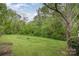 A wide shot of the large backyard showing a large grassy area surrounded by lush, mature trees at 500 3Rd St, Stanley, NC 28164