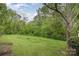A wide shot of the large backyard showing a large grassy area surrounded by lush, mature trees at 500 3Rd St, Stanley, NC 28164
