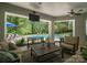 Cozy outdoor patio with a ceiling fan, a TV, comfortable seating, and a view of the backyard pool at 7912 Baltusrol Ln, Charlotte, NC 28210