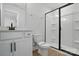 Bathroom with a stand-up shower featuring a black frame, white vanity, and hardwood floors at 2020 Embassy Ct # 48, Charlotte, NC 28213
