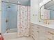 Stylish bathroom featuring gold fixtures, flamingo shower curtain, and white vanity with storage at 2417 Calais Pl, Charlotte, NC 28211