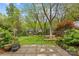 Stone patio surrounded by lush greenery and mature trees offering a serene outdoor space for relaxation and entertainment at 2418 Ainsdale Rd, Charlotte, NC 28226
