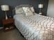 Bedroom with modern lamps, decorative pillows, and gray walls at 3173 Pinehills Way, Mount Holly, NC 28120