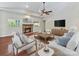 Comfortable living room with a stone fireplace, hardwood floors, and stylish decor at 4301 Middle Stream Rd, Charlotte, NC 28213