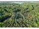 An aerial view of an estate surrounded by a dense forest and overlooking a pristine blue lake in the background at 7351 Bay Cove Ct, Denver, NC 28037