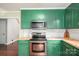 Close-up view of kitchen features stainless steel oven and microwave, vibrant cabinetry, and wood countertops at 741 Bermuda Ave, Gastonia, NC 28054