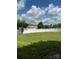 Backyard with a white fence, well-maintained grass, and neighborhood view at 7505 Conifer Cir, Indian Trail, NC 28079
