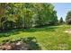 Spacious backyard featuring lush green grass, a black metal fence and mature trees providing a secure and peaceful outdoor area at 10716 Persimmon Creek Dr, Mint Hill, NC 28227