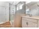 Modern bathroom featuring a glass shower, sink with white cabinets, and a large mirror at 1436 Ardmore Dr # 342, Sherrills Ford, NC 28673