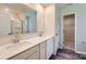 Bathroom with double sink vanity, large mirror, and walk-in shower at 2107 Columbidae Ln, Gastonia, NC 28052