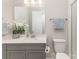 Bright bathroom featuring modern fixtures, gray vanity and a white countertop with plants at 3618 Marchers Trace Dr, Mint Hill, NC 28227