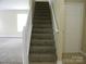 Carpeted staircase with white banister leading to the next level of the home with a white entry door at 391 Morning Dew Dr, Concord, NC 28025