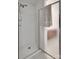 Shower with a frosted glass door and an adjustable shower head at 605 Summey Farm Dr, Dallas, NC 28034